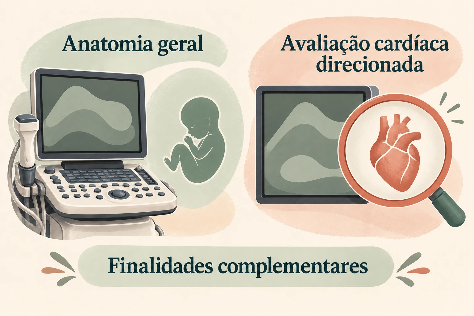 Dois níveis de avaliação: anatomia geral e avaliação cardíaca direcionada.