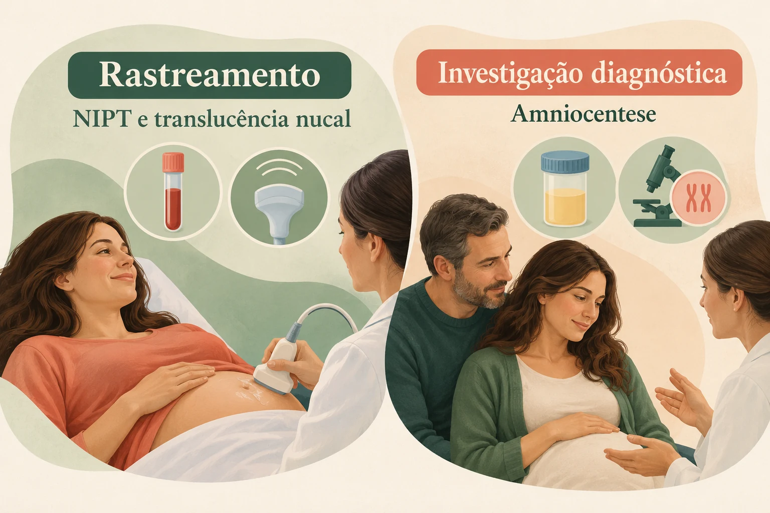 Ilustração compara rastreamento por NIPT e translucência nucal com investigação diagnóstica por amniocentese.