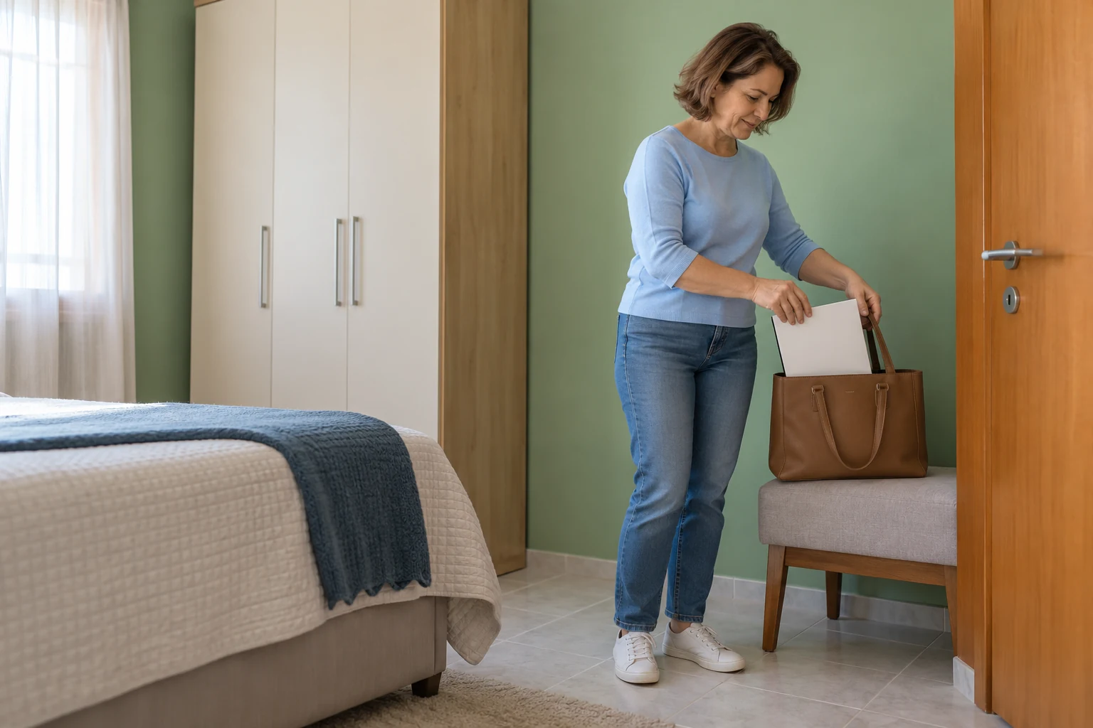 Mulher prepara a bolsa com documentos antes de sair de casa.