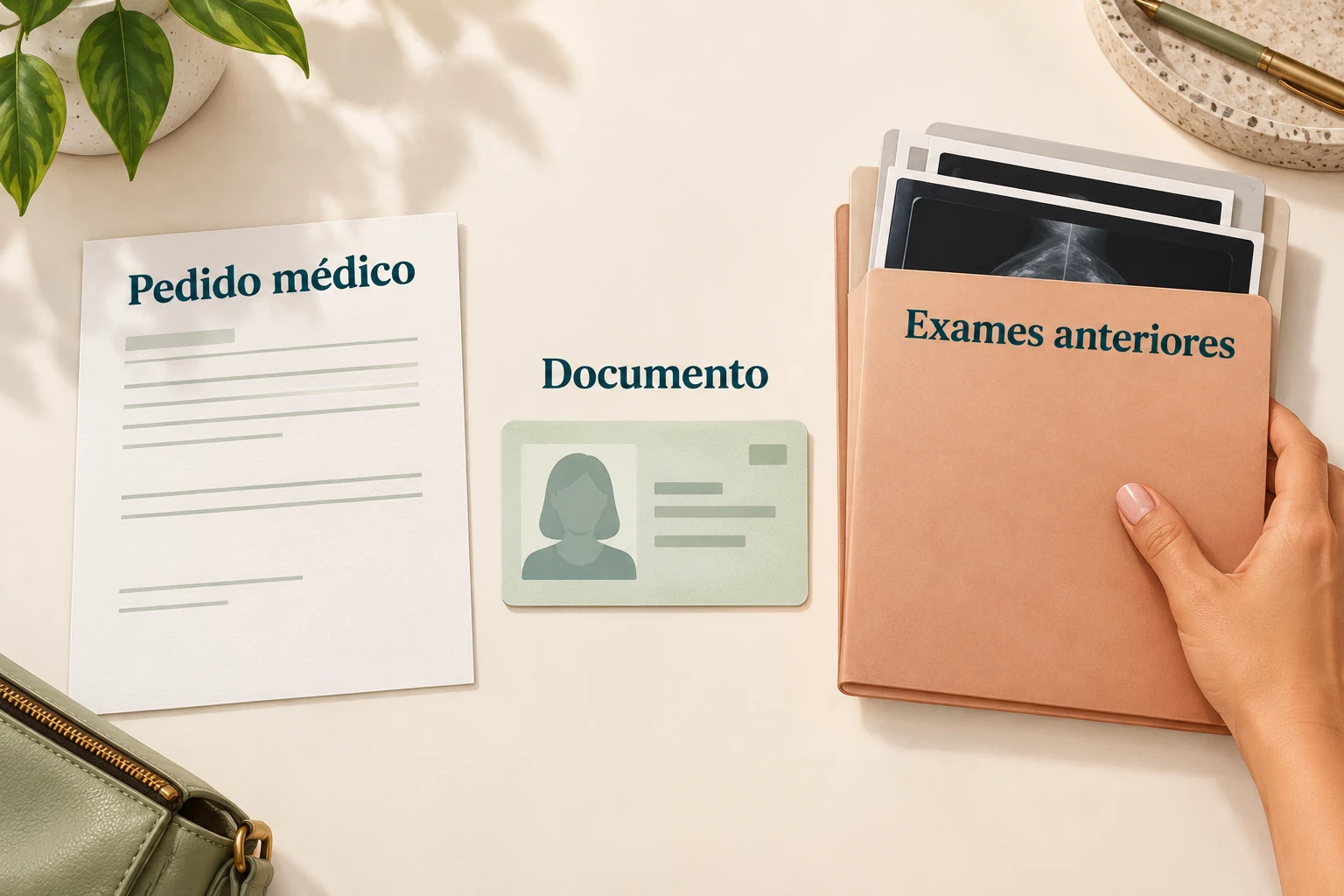 Vista organizada de pedido, documentos e exames anteriores com identificações genéricas.