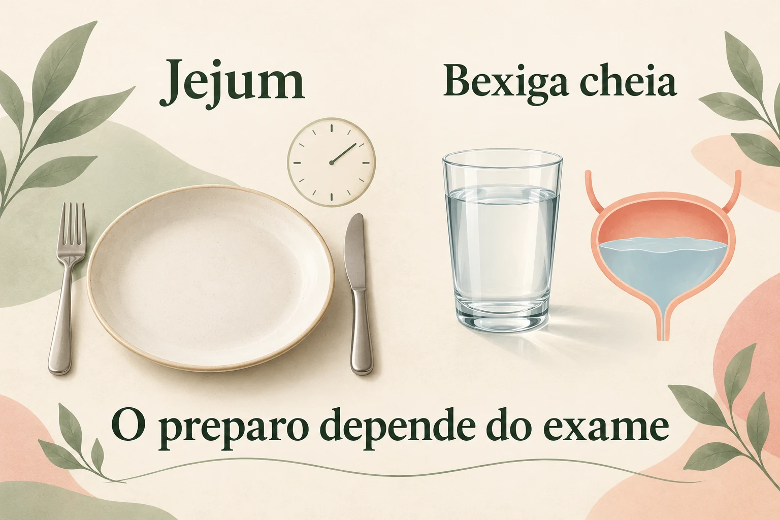 Prato vazio, relógio, copo de água e desenho da bexiga com a frase O preparo depende do exame.