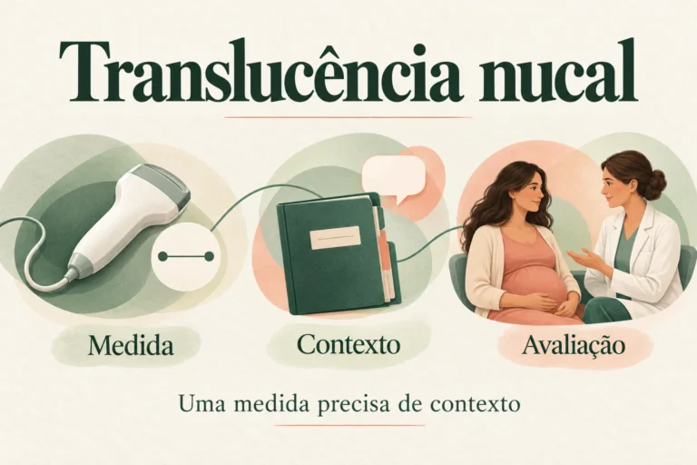 Transdutor, pasta clínica e conversa entre gestante e profissional, com os textos Medida, Contexto e Avaliação.