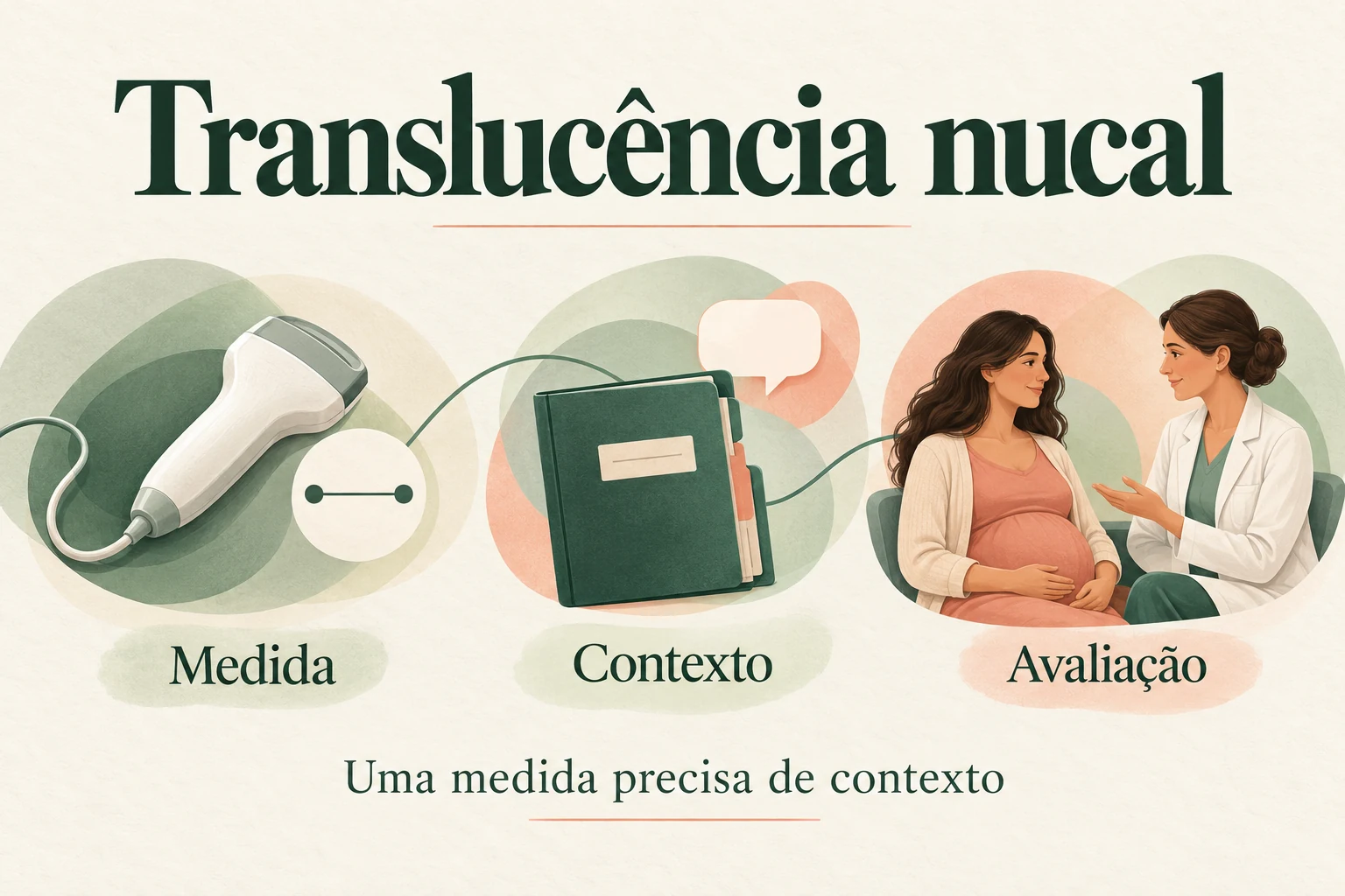 Transdutor, pasta clínica e conversa entre gestante e profissional, com os textos Medida, Contexto e Avaliação.