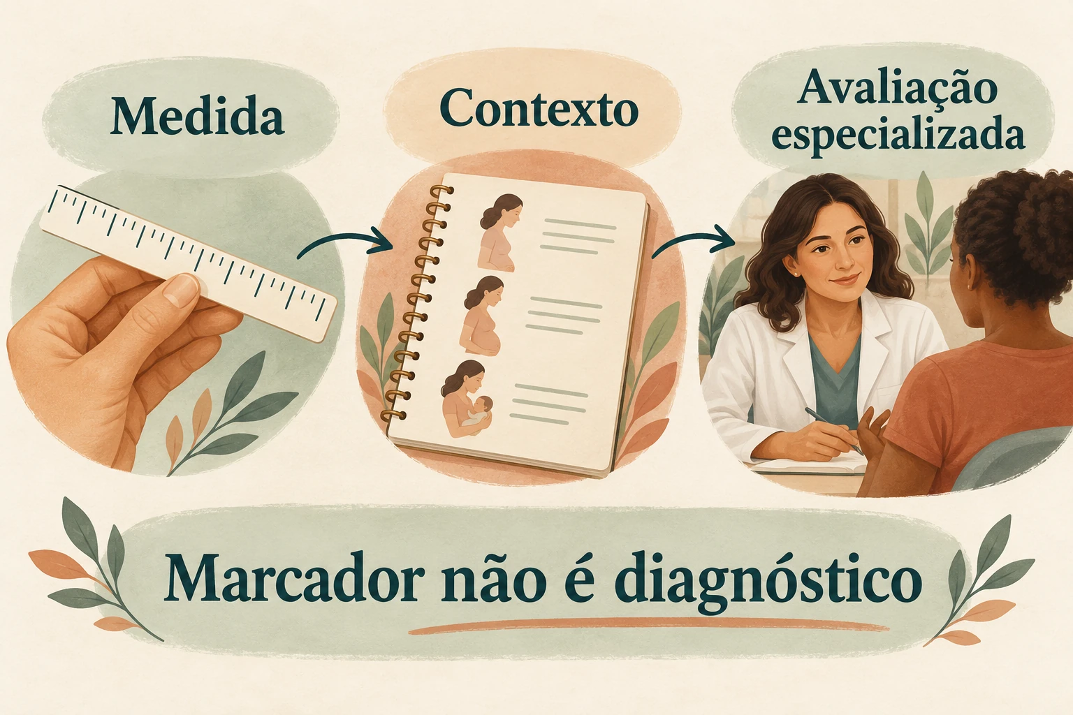 Fluxo entre medida, contexto e avaliação especializada, mostrando que marcador não é diagnóstico.