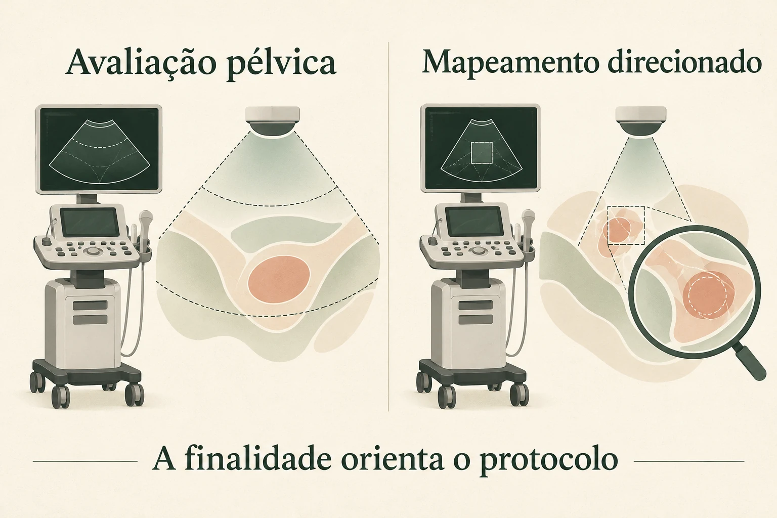 Comparação ilustrada entre avaliação pélvica e mapeamento direcionado, com aparelhos de ultrassom e uma lupa.