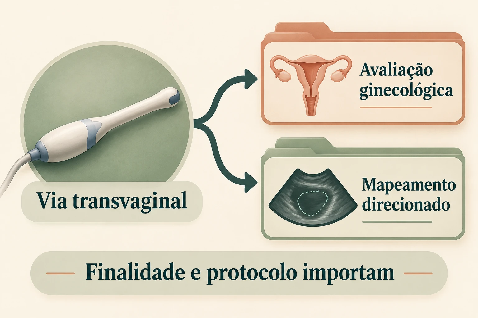 Uma mesma via de avaliação conectada a duas finalidades: avaliação ginecológica e mapeamento direcionado.