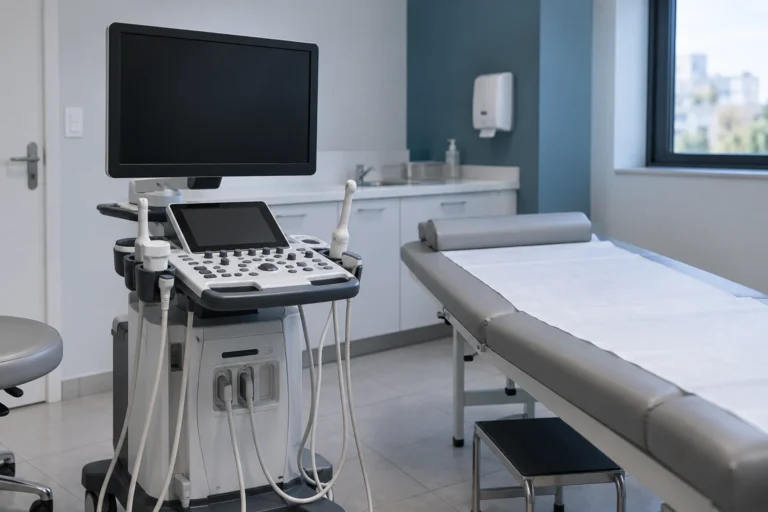 Aparelho de ultrassom com telas desligadas ao lado de maca vazia.
