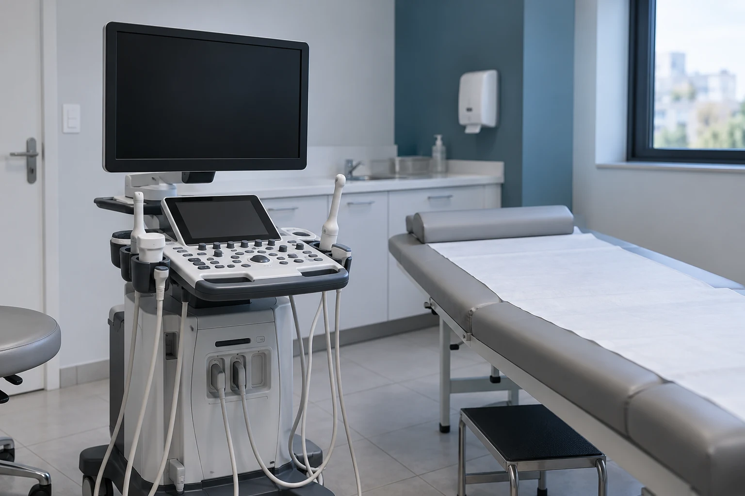 Aparelho de ultrassom com telas desligadas ao lado de maca vazia.