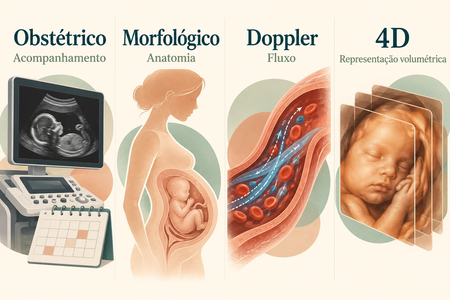 Comparativo de quatro modalidades por pergunta: acompanhamento obstétrico, anatomia, fluxo e representação volumétrica.